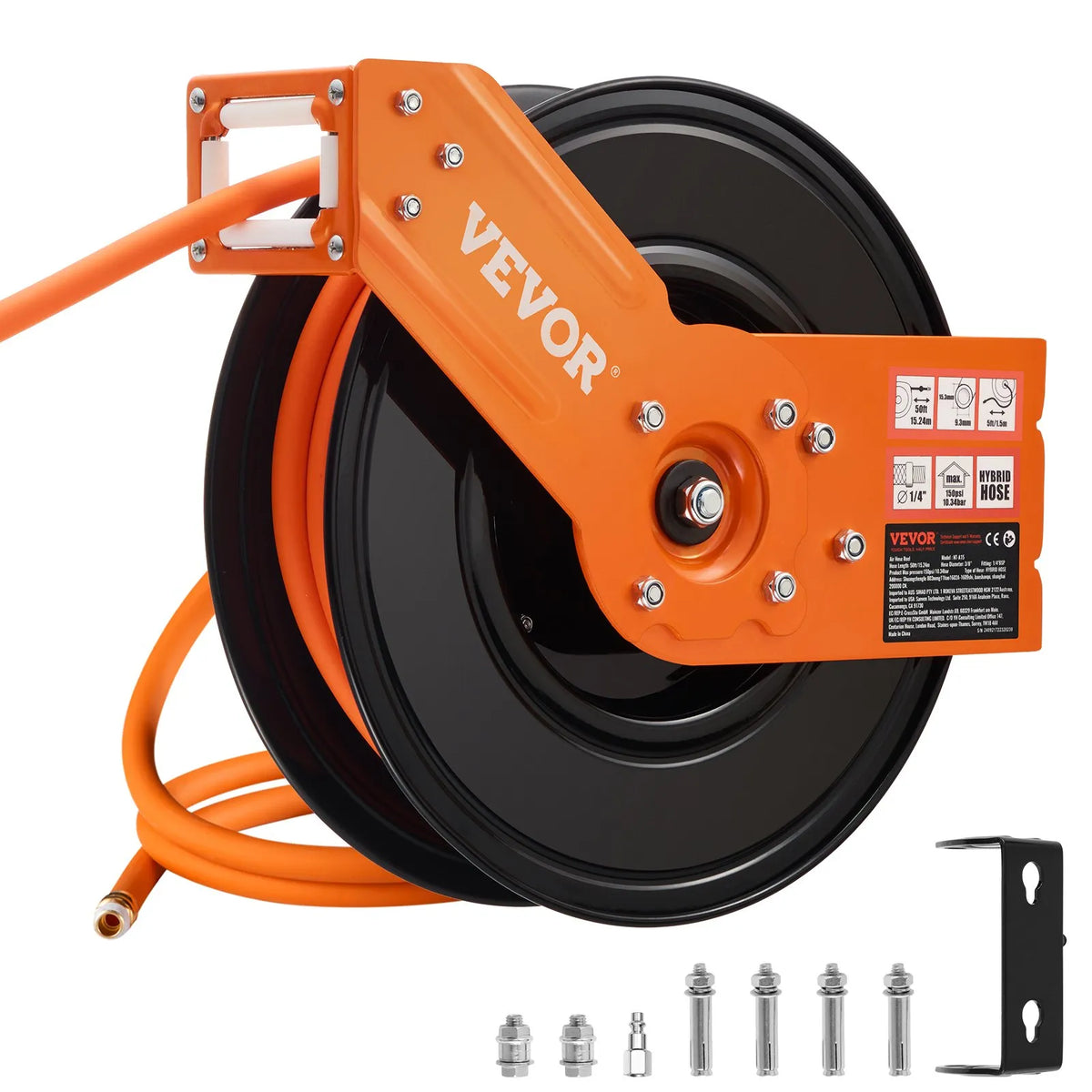 VEVOR Automatic Air Hose Reel 9.5 mm x 15 m, 20 bar, with Bracket and Auto Rewind