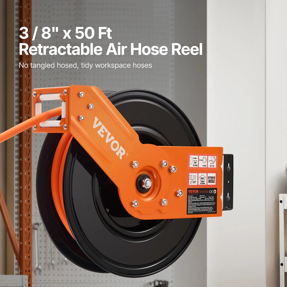 VEVOR Automatic Air Hose Reel 9.5 mm x 15 m, 20 bar, with Bracket and Auto Rewind