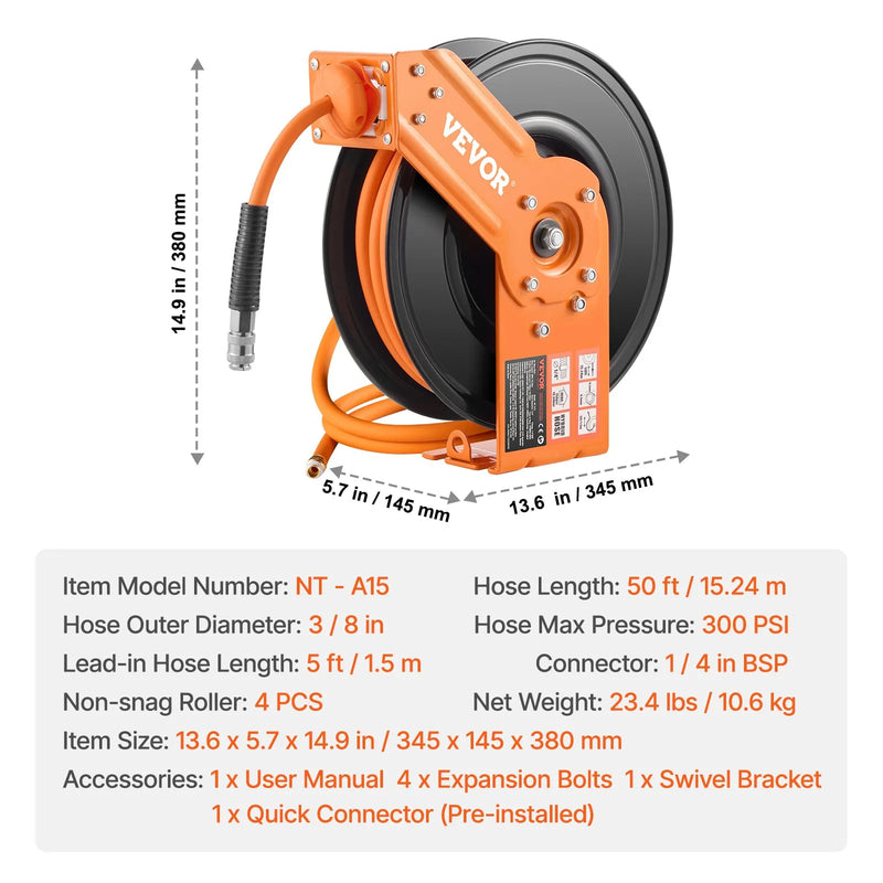 Automātiskā gaisa šļūtenes spole 9,5 mm x 15 m, 20 bāri, ar kronšteinu un automātisku attīšanu