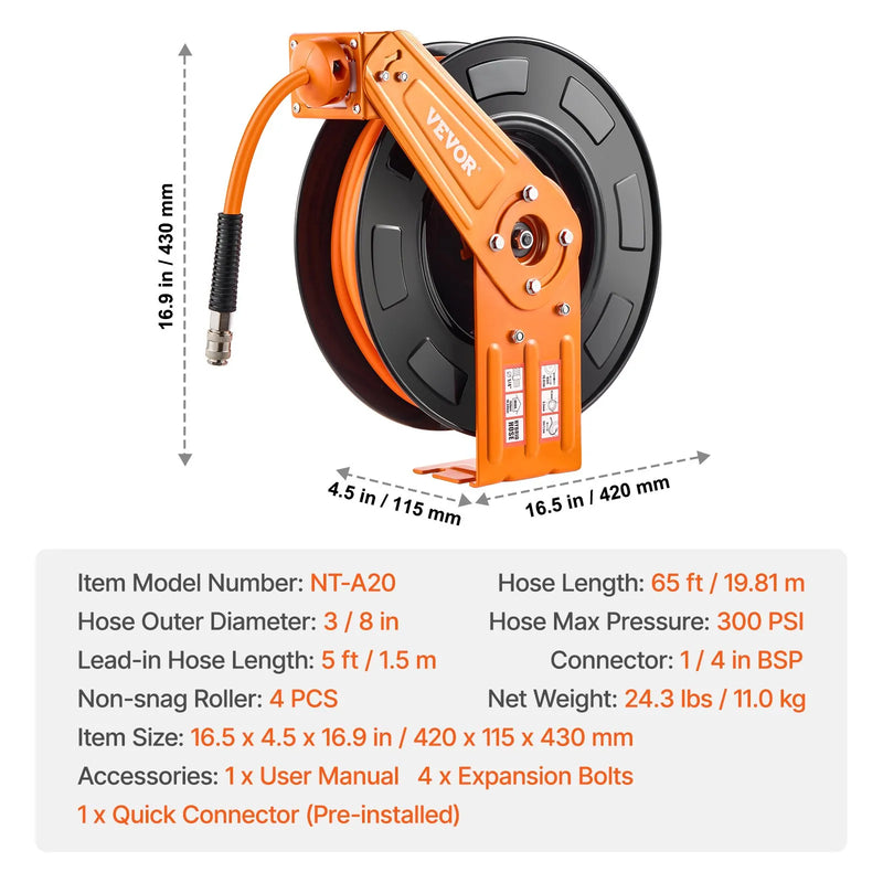 Gaisa šļūtenes spole, ievelkama, 9,53 mm, 20 m, hibrīda, ar korpusu, 20 bar / 300 PSI