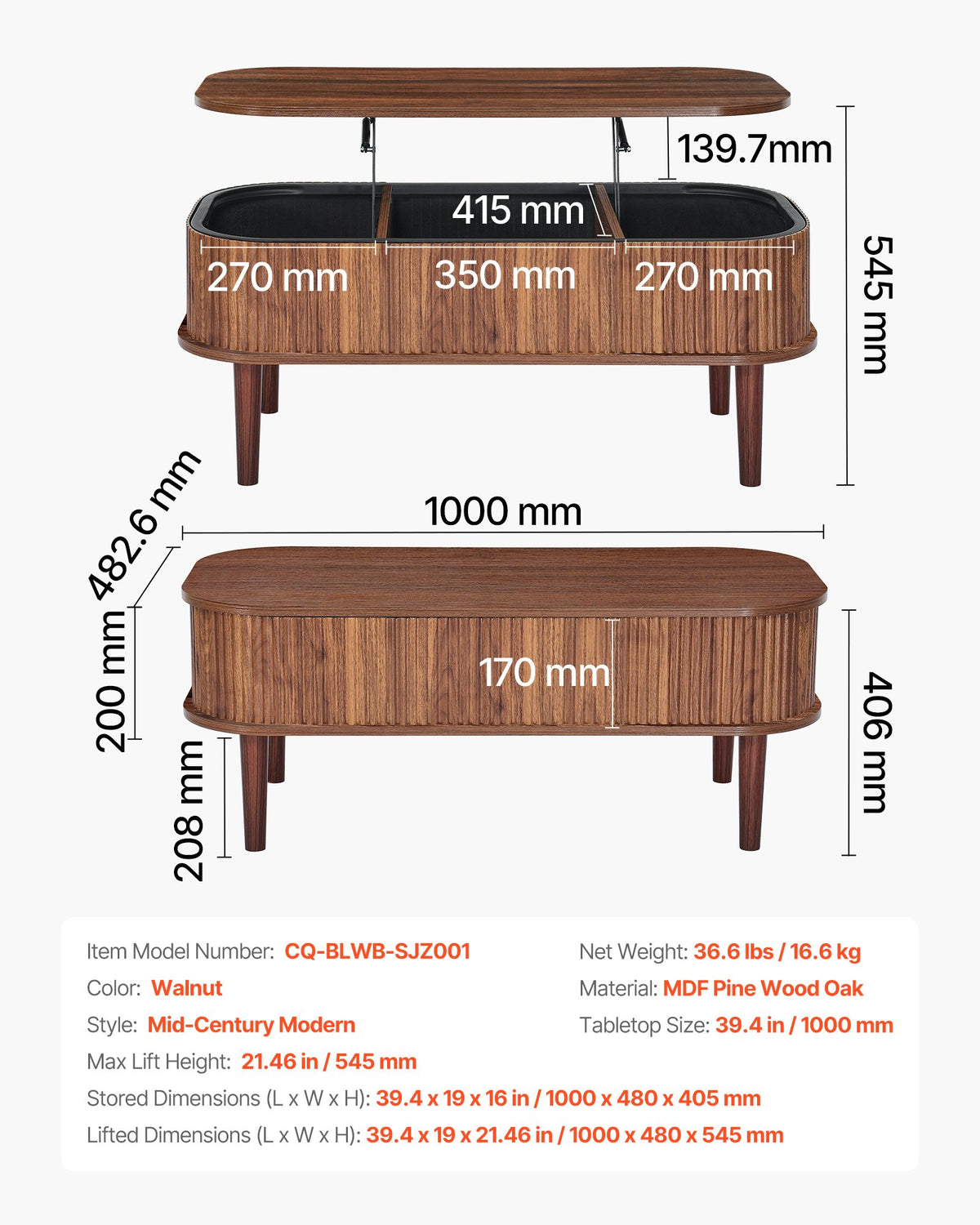VEVOR paceļams ovāls kafijas galdiņš, 100x48cm, riekstkoka tonis