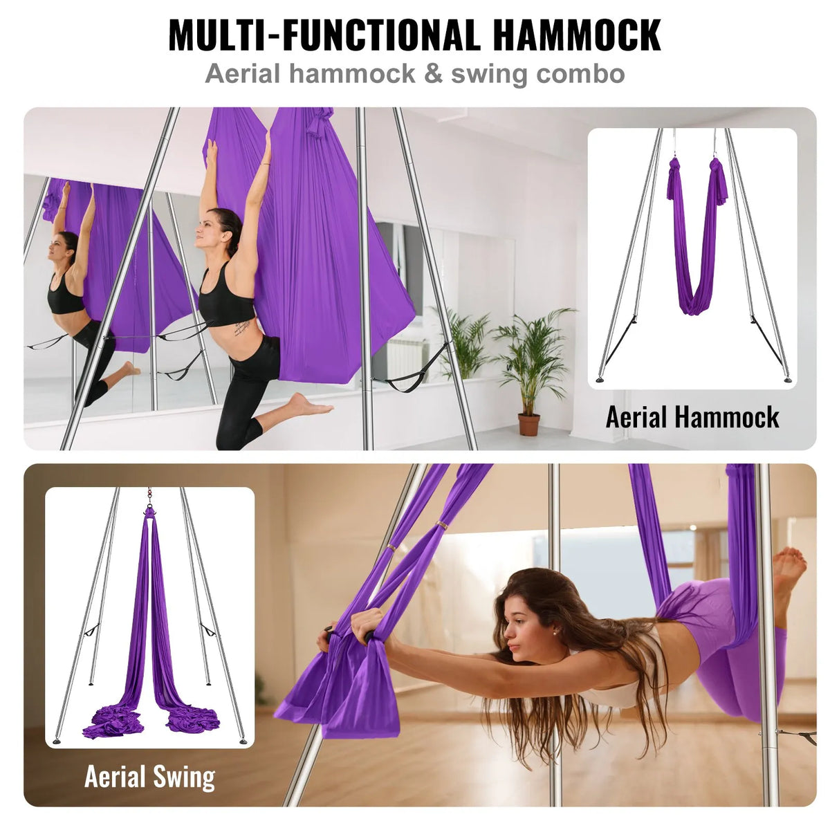VEVOR Air Yoga Frame 2.95 m with 12 m Purple Swing, up to 250 kg, Professional