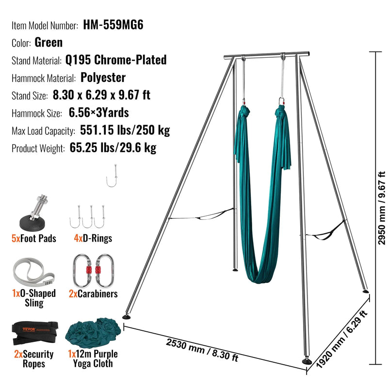 Gaisa jogas rāmis ar jogas šūpuļtīklu, 295 cm augsts profesionāls jogas statīvs ar 6 m šūpuļtīklu, maksimālā slodze 250 kg, piemērots lietošanai iekštelpās un ārā, zaļš