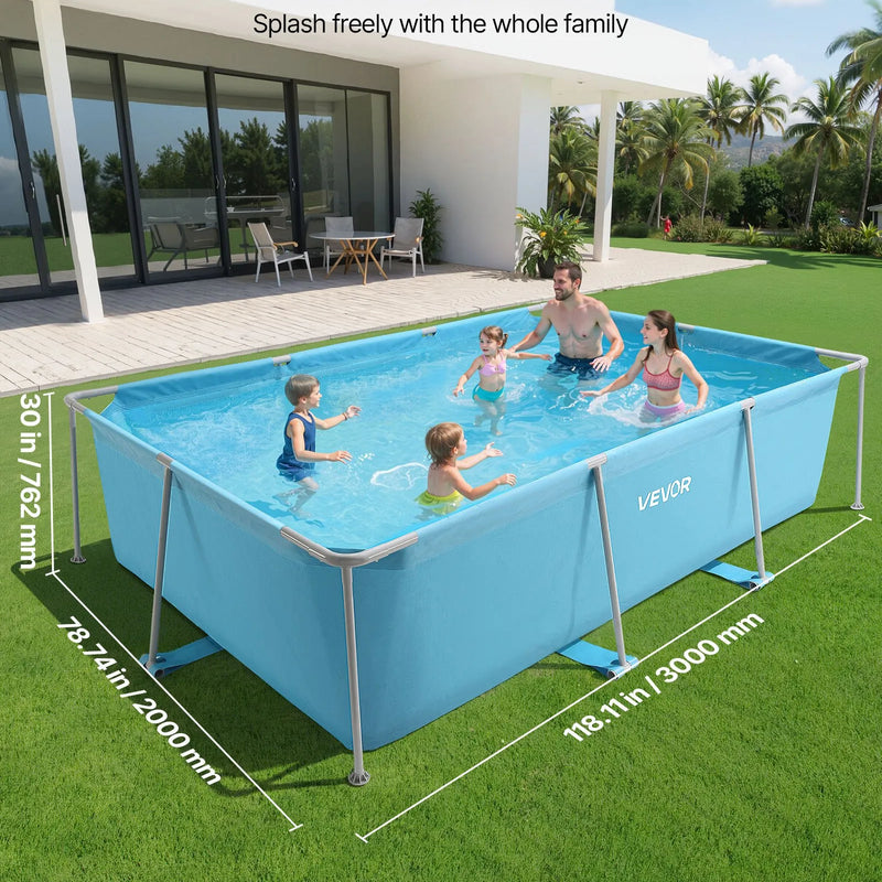 Virszemes peldbaseins ar metāla rāmi 3 × 2 × 0,76 m, taisnstūrveida tērauda konstrukcija, liels āra ģimenes baseins, viegli saliekams, rūsas izturīgs, ietilpība 3959 l, zilā krāsā