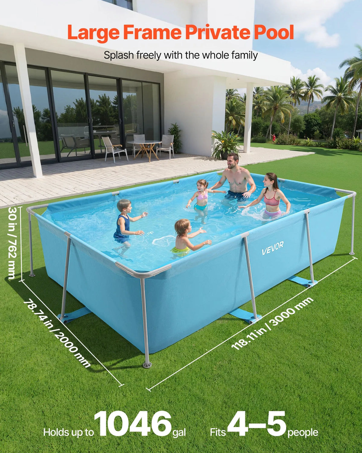 Above-ground swimming pool with metal frame 3 × 2 × 0.76 m, rectangular steel construction, large outdoor family pool, easy to assemble, rust-resistant, capacity 3959 l, blue