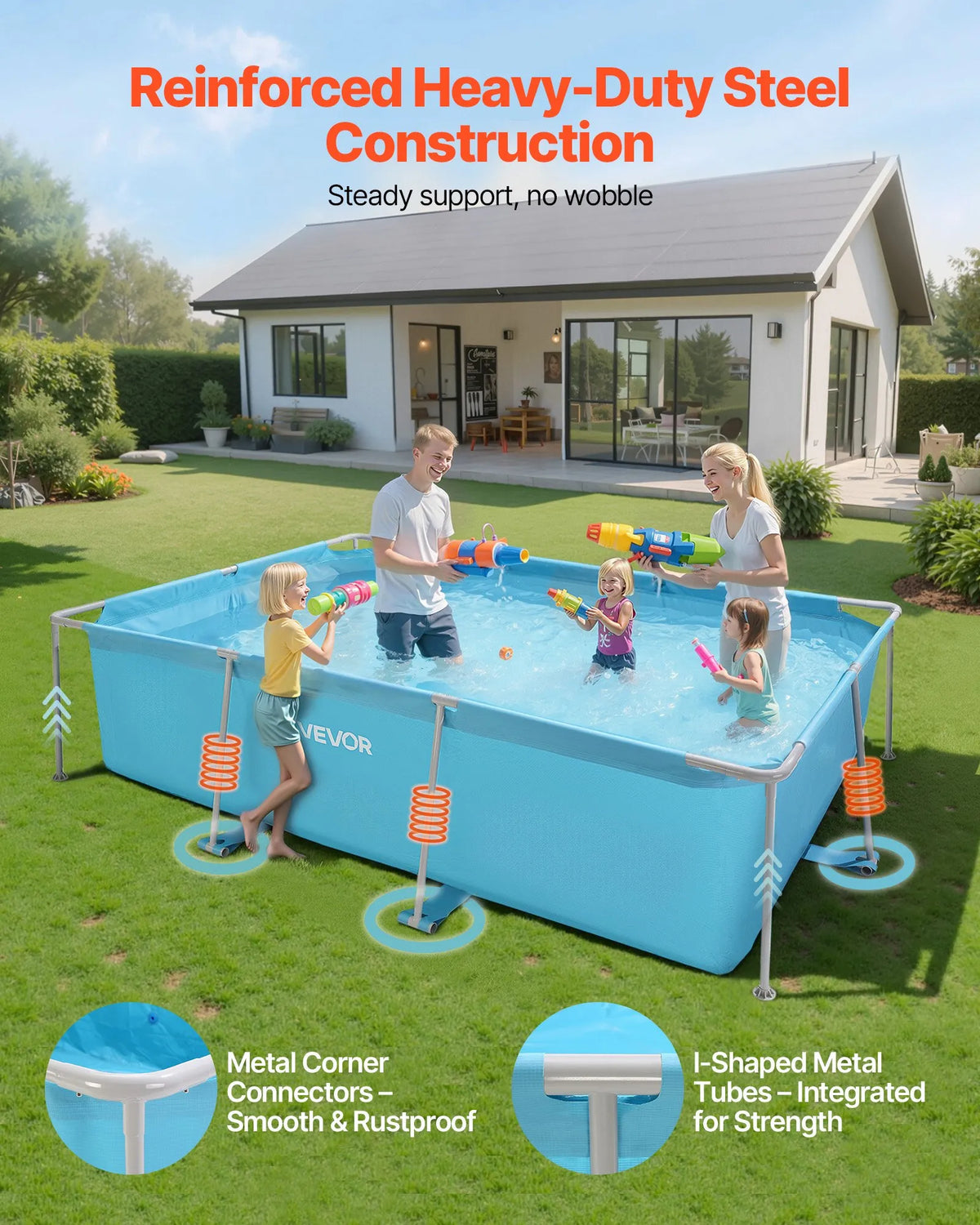Above-ground swimming pool with metal frame 3 × 2 × 0.76 m, rectangular steel construction, large outdoor family pool, easy to assemble, rust-resistant, capacity 3959 l, blue