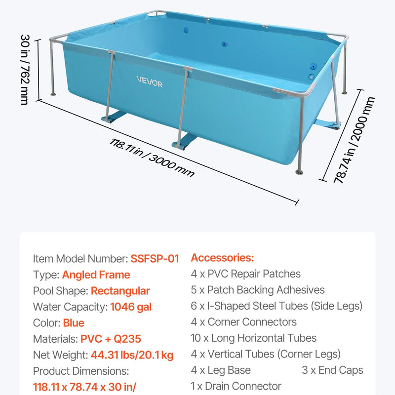 Virszemes peldbaseins ar metāla rāmi 3 × 2 × 0,76 m, taisnstūrveida tērauda konstrukcija, liels āra ģimenes baseins, viegli saliekams, rūsas izturīgs, ietilpība 3959 l, zilā krāsā