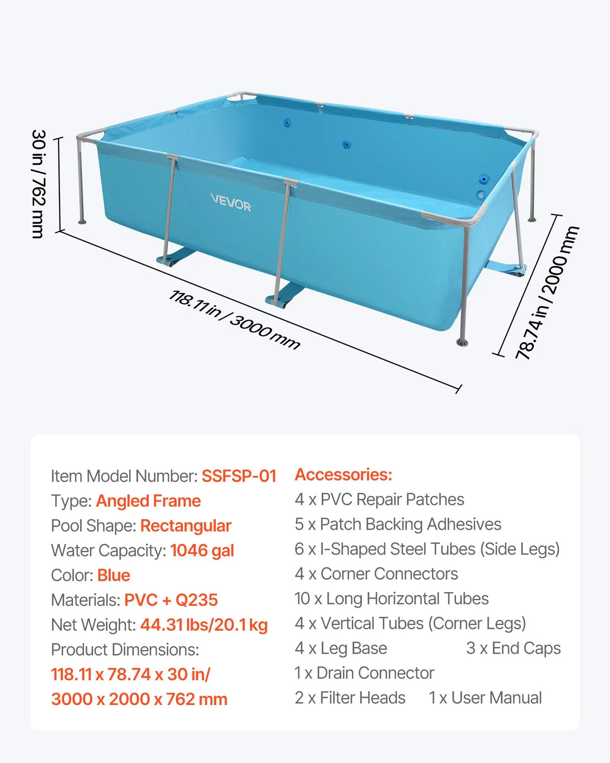 Above-ground swimming pool with metal frame 3 × 2 × 0.76 m, rectangular steel construction, large outdoor family pool, easy to assemble, rust-resistant, capacity 3959 l, blue