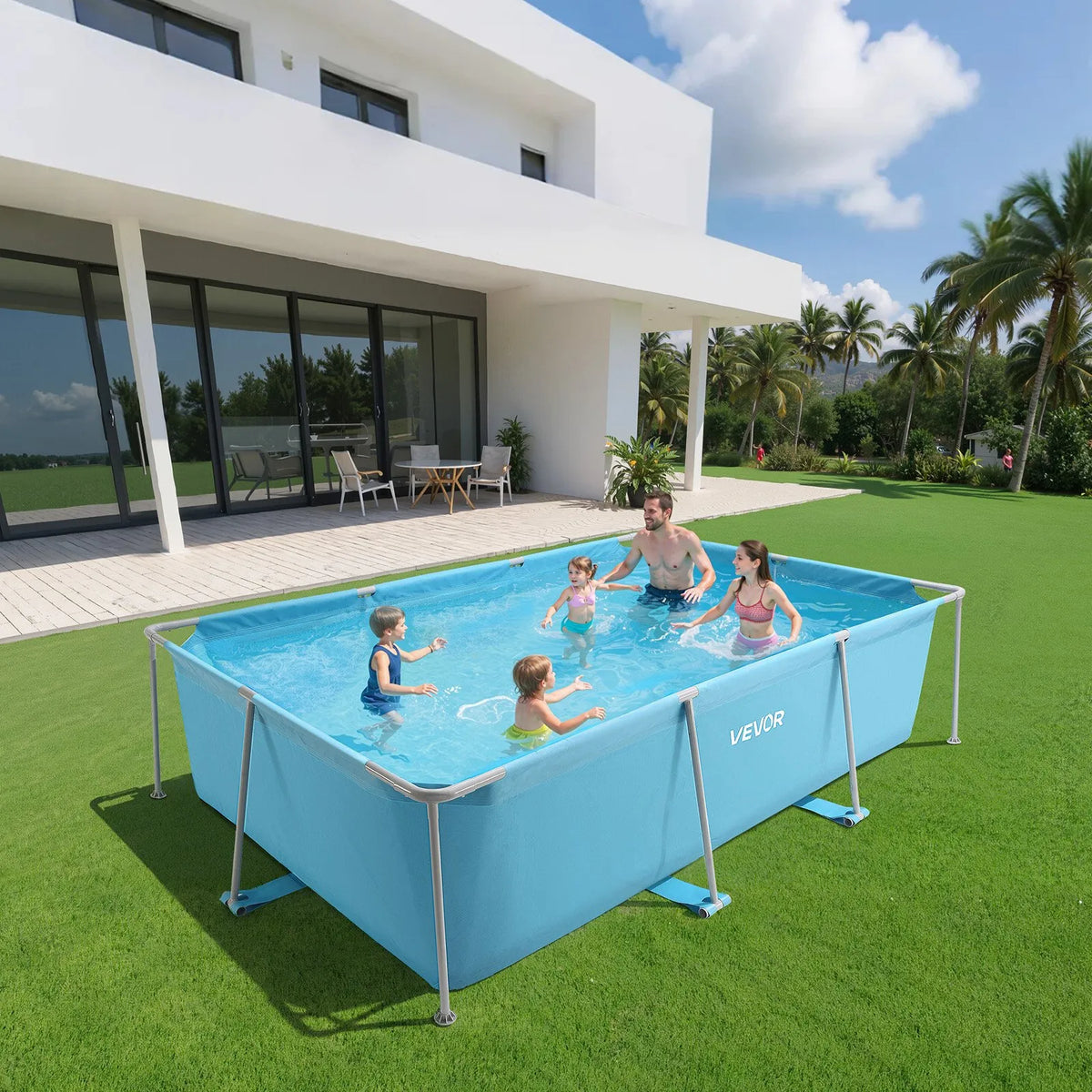 Above-ground swimming pool with metal frame 3 × 2 × 0.76 m, rectangular steel construction, large outdoor family pool, easy to assemble, rust-resistant, capacity 3959 l, blue