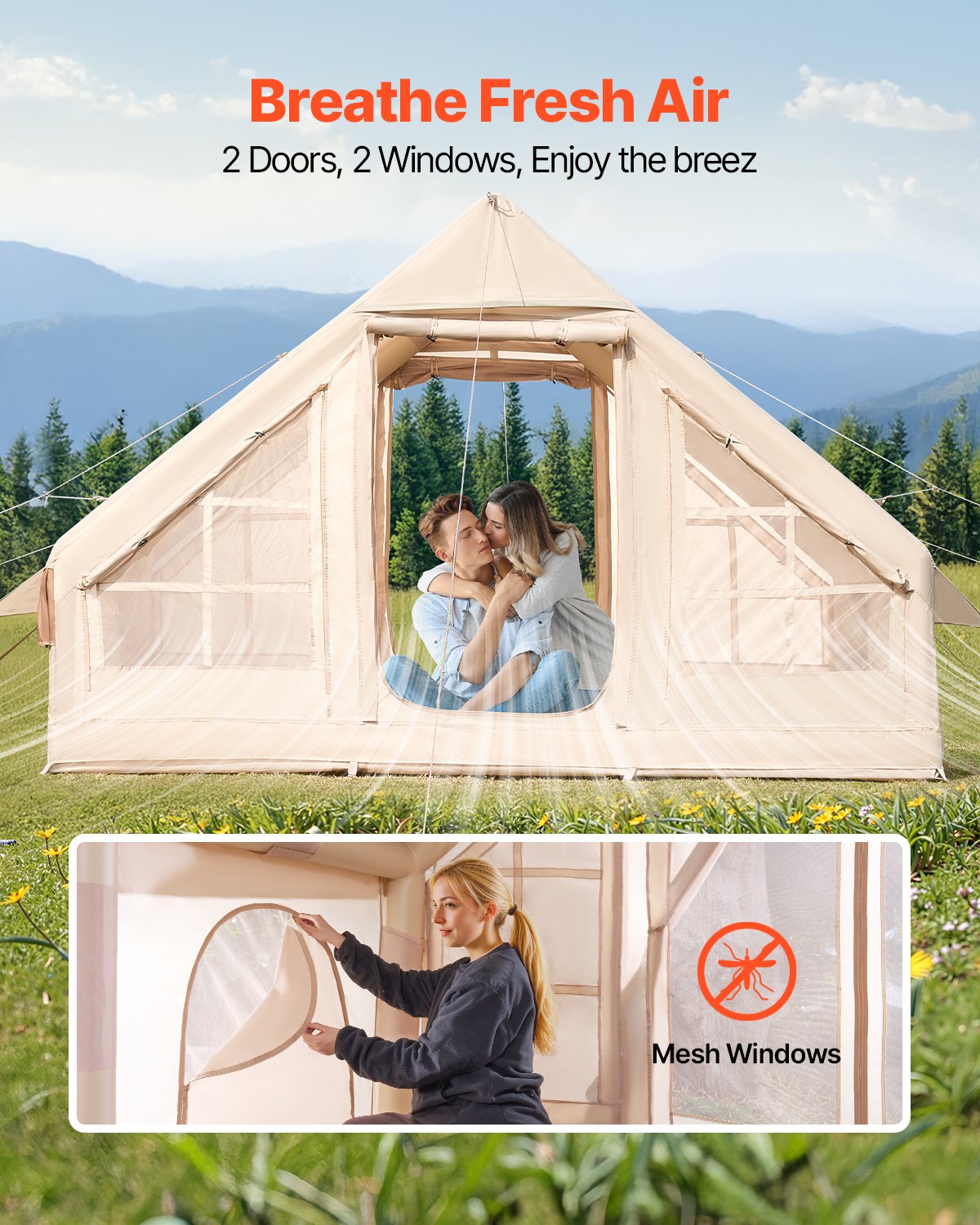 VEVOR Inflatable Camping Tent for 3-5 People, Glamping Tent with Pump, Easy Setup