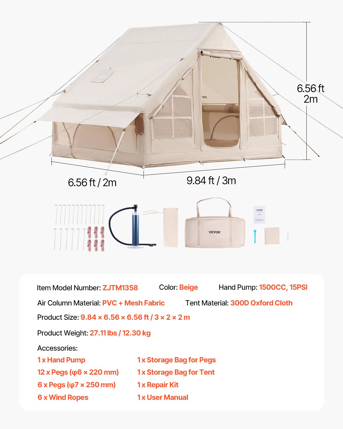 VEVOR Inflatable Camping Tent for 3-5 People, Glamping Tent with Pump, Easy Setup