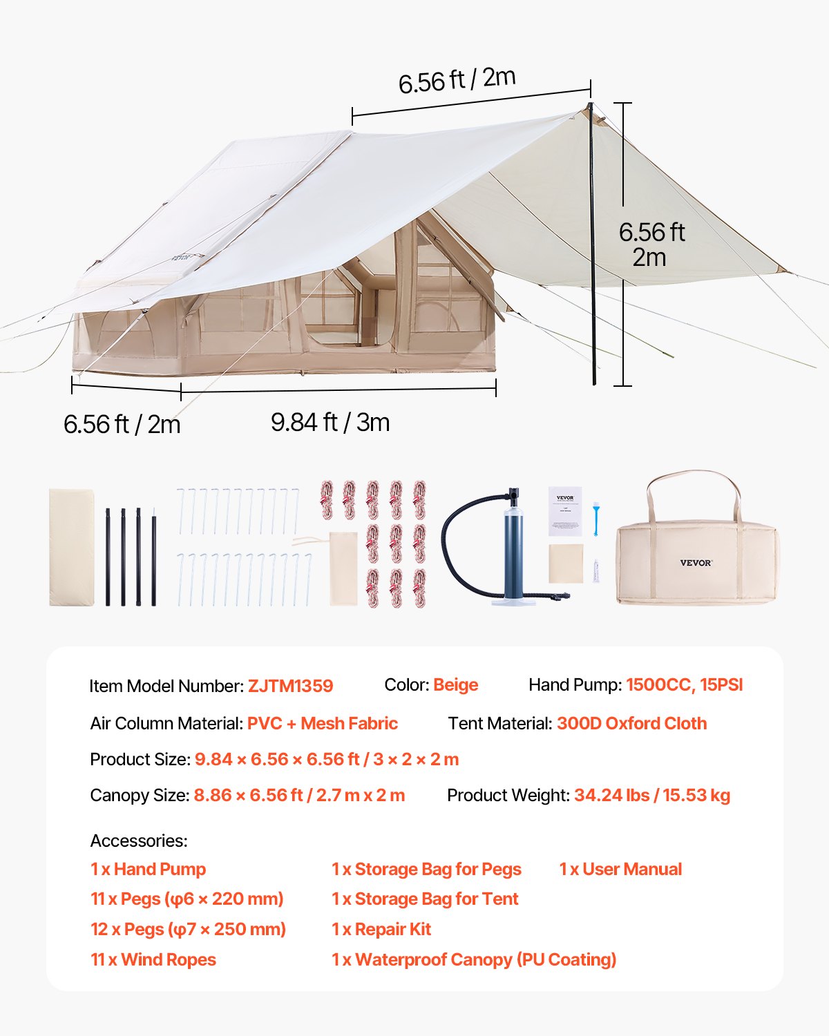 VEVOR Inflatable Camping Tent for 3-5 People, Glamping Tent with Pump and Canopy