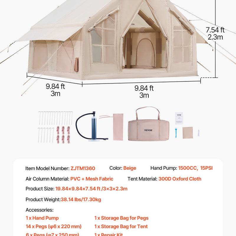 VEVOR piepūšamā telts kempingam 4–6 personām, glampinga telts ar pumpi, viegli uzstādāma