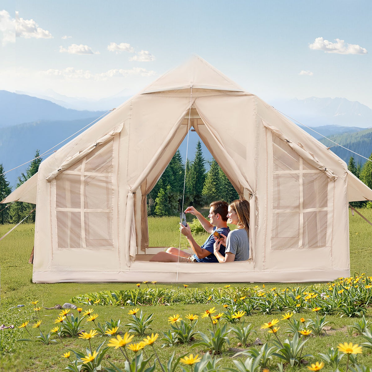 VEVOR piepūšamā telts kempingam 4-6 personām, glampinga telts ar pumpi, viegli uzstādāma