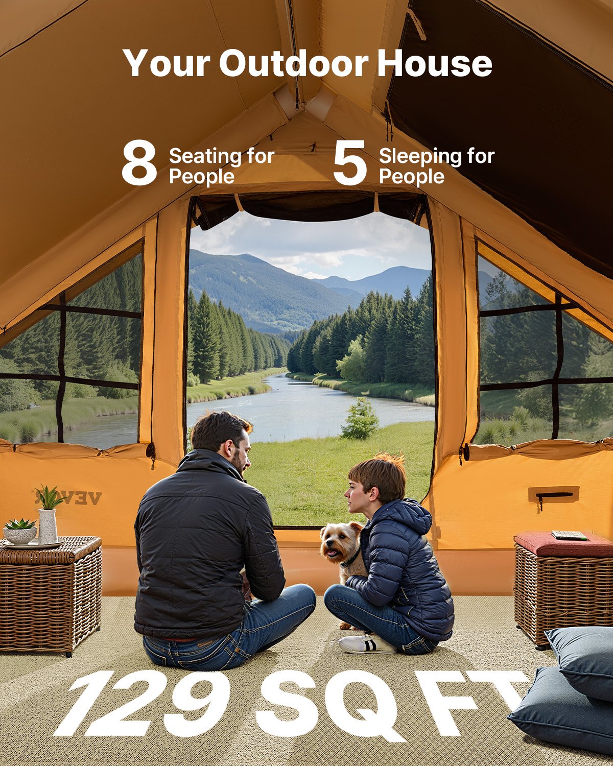 VEVOR piepūšamā telts kempingam 5-8 personām, glampinga telts ar pumpi, viegli uzstādāma