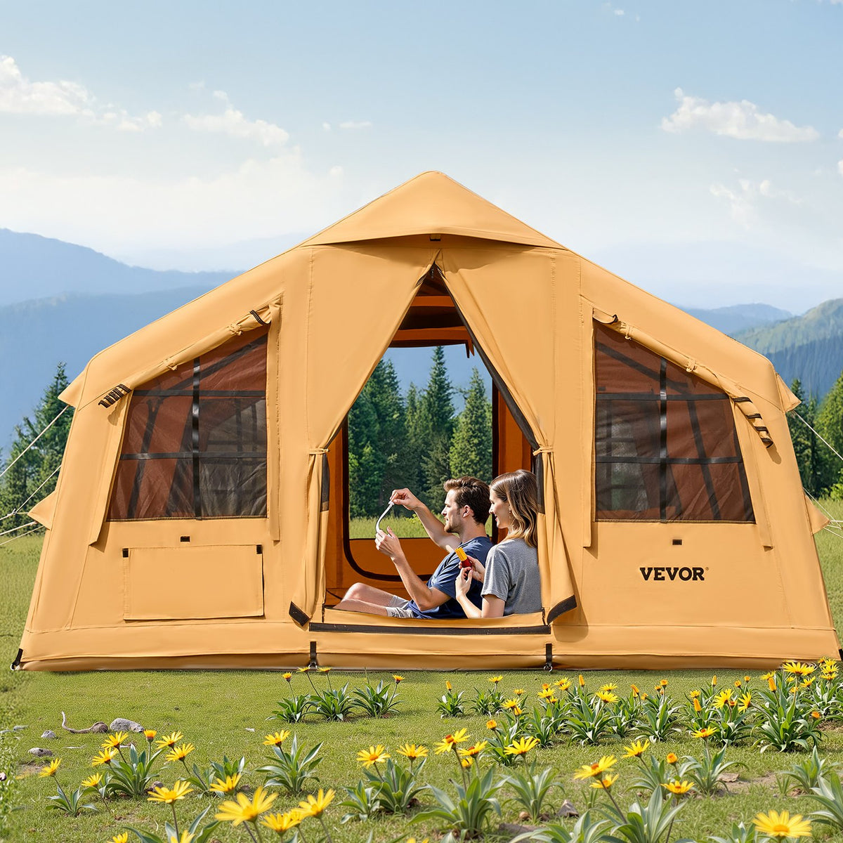 VEVOR piepūšamā telts kempingam 8-12 personām, glampinga telts ar pumpi, viegli uzstādāma