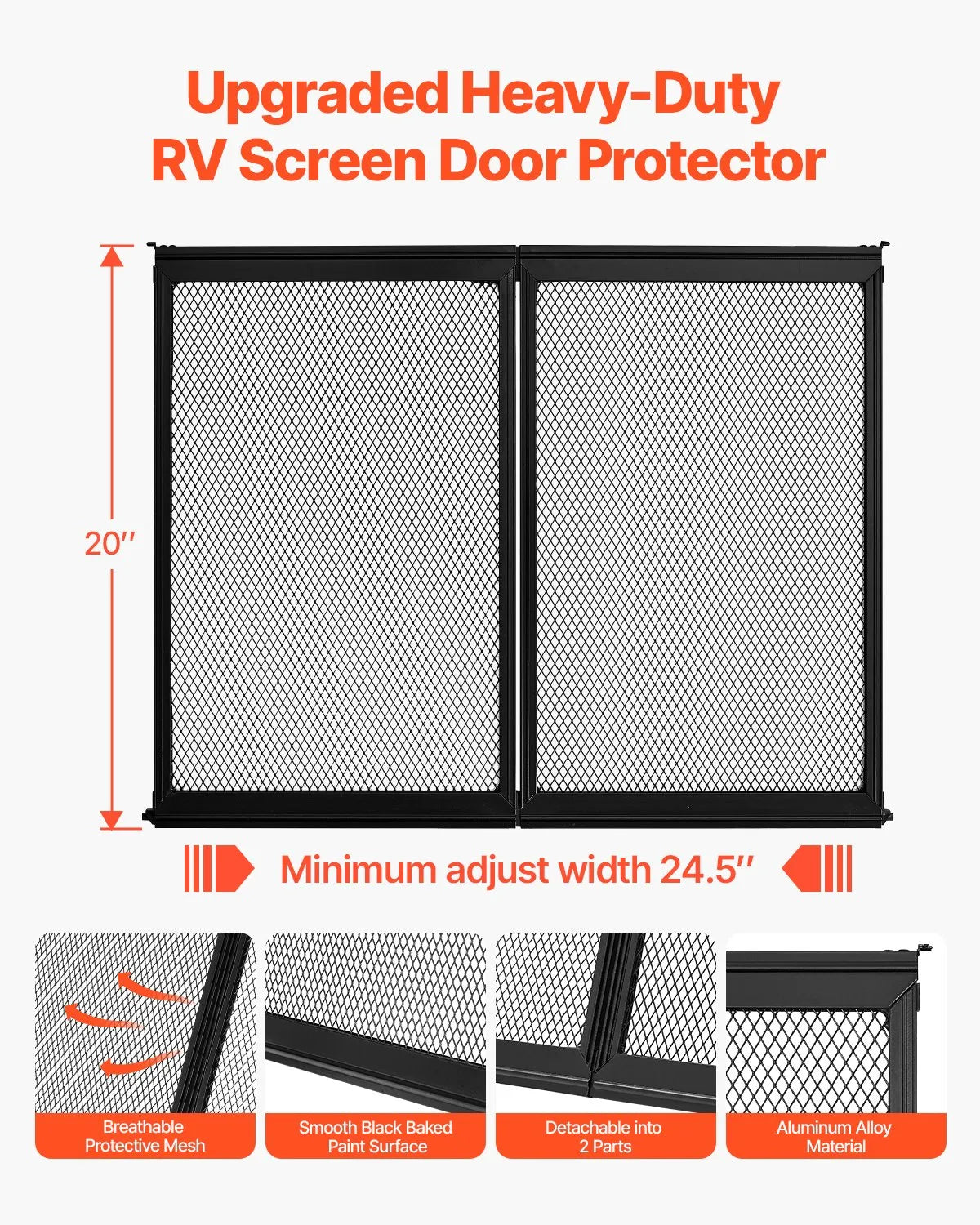 VEVOR Camper Door Screen, 622 × 508 mm, Easy to Install and Remove, Reinforced Breathable Mesh, Aluminium Alloy Entry Door Guard for Pet Protection, Black