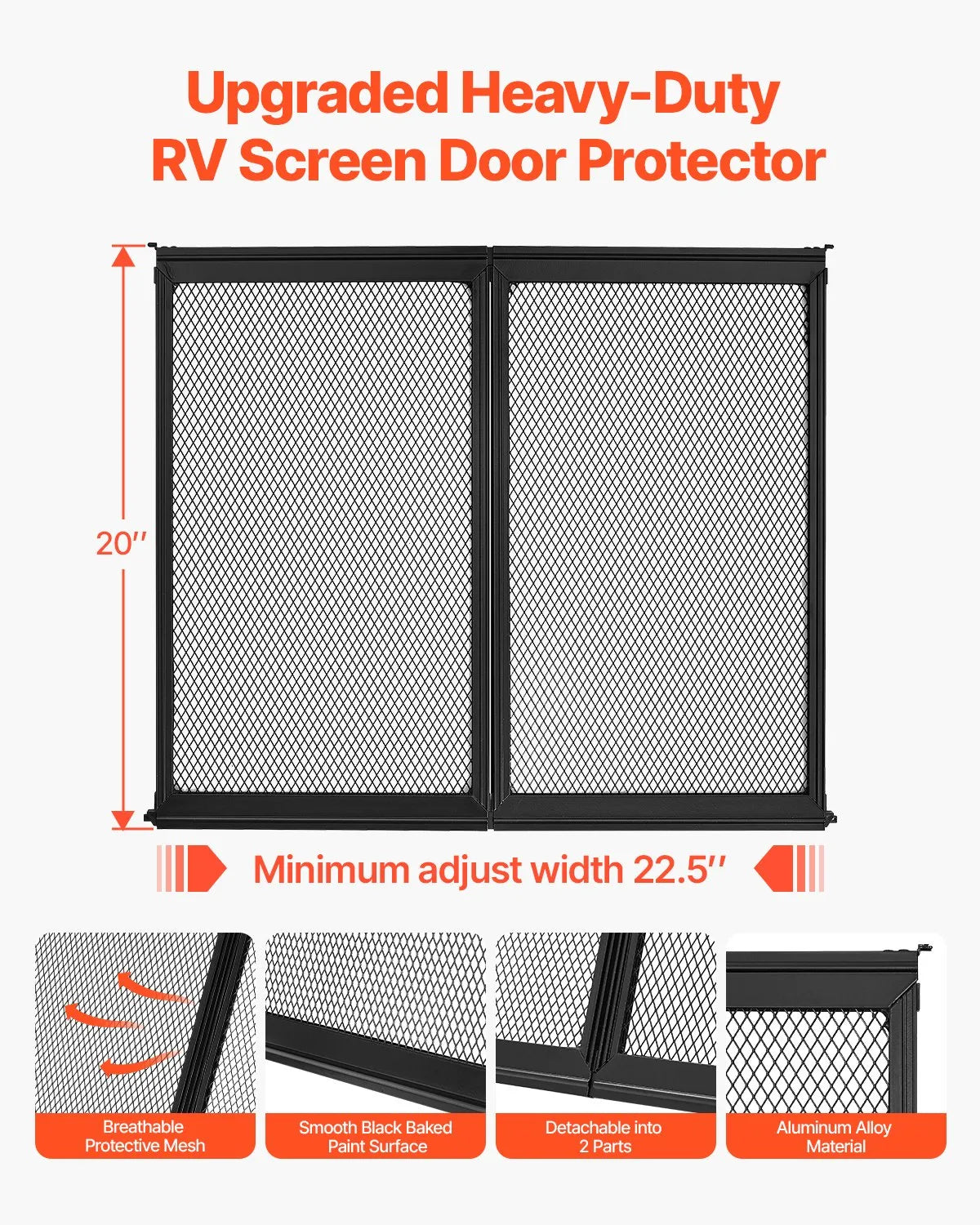 VEVOR Camper Door Screen, 572 × 508 mm, Easy to Install and Remove, Reinforced Breathable Mesh, Aluminium Alloy Entry Door Guard for Pet Protection, Black