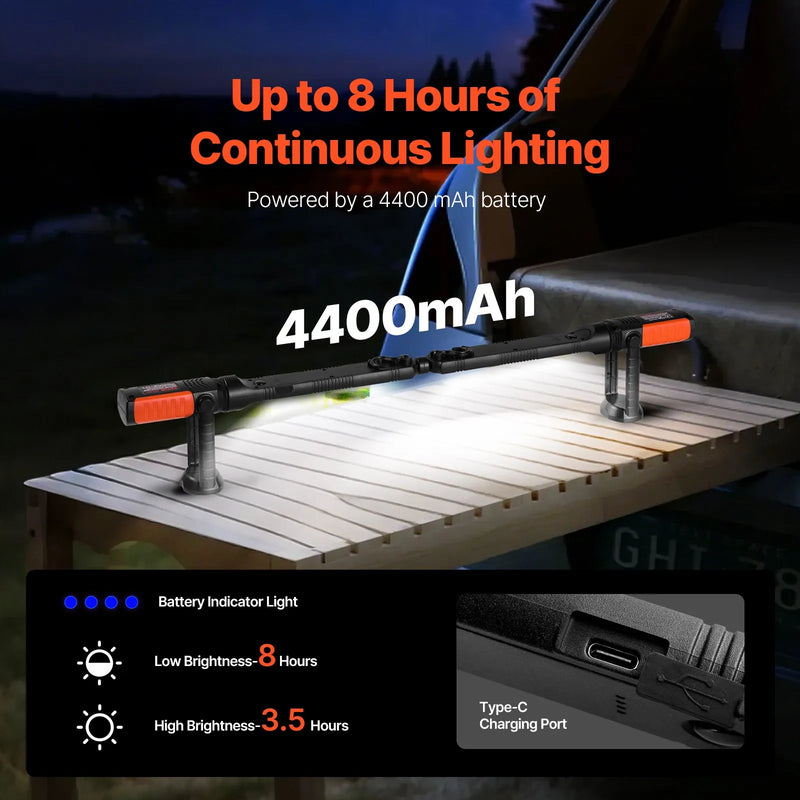 Motora pārsega darba lampa, 1450 lm, 4400 mAh uzlādējama ar magnētu, spilgta LED gaisma, pārnēsājama bezvadu darba lampa auto remontam, pārbaudēm, darbnīcām, garāžām, neatliekamām situācijām un mājas apgaismojumam