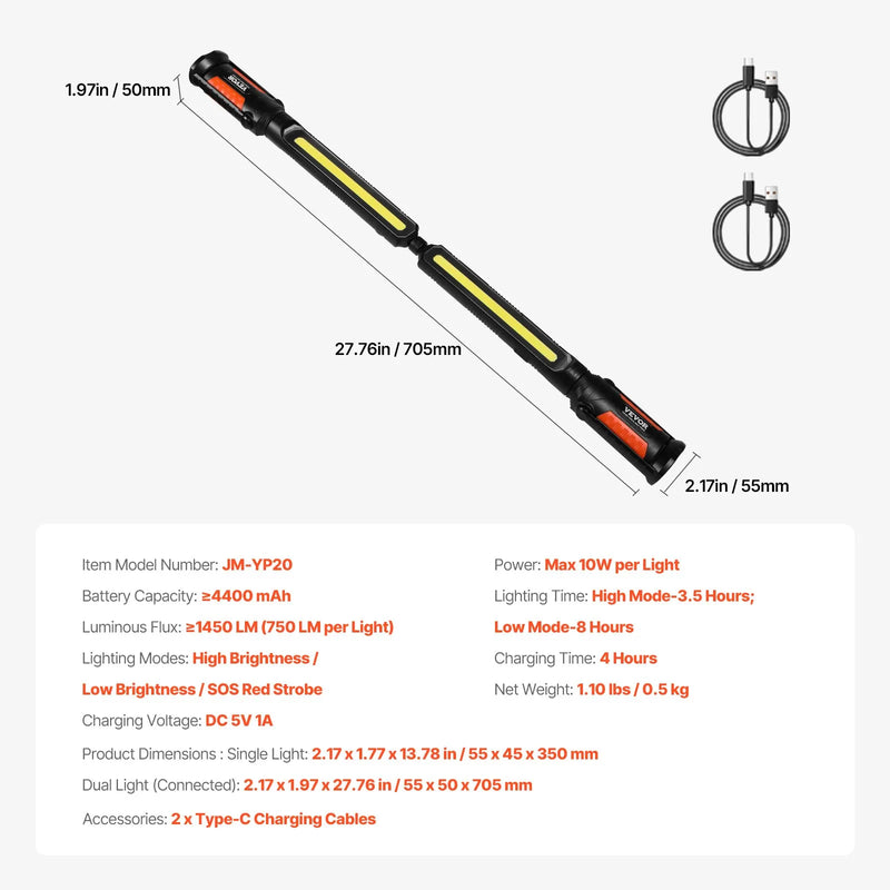 Motora pārsega darba lampa, 1450 lm, 4400 mAh uzlādējama ar magnētu, spilgta LED gaisma, pārnēsājama bezvadu darba lampa auto remontam, pārbaudēm, darbnīcām, garāžām, neatliekamām situācijām un mājas apgaismojumam