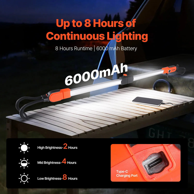 Motortelpas darba LED lampa, 2300 lm, 6000 mAh, uzlādējama, pārnēsājama, ar āķiem