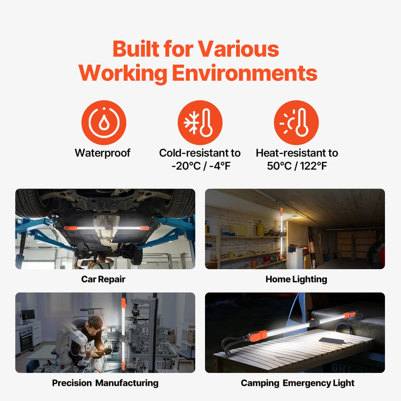 Motortelpas darba LED lampa, 2300 lm, 6000 mAh, uzlādējama, pārnēsājama, ar āķiem