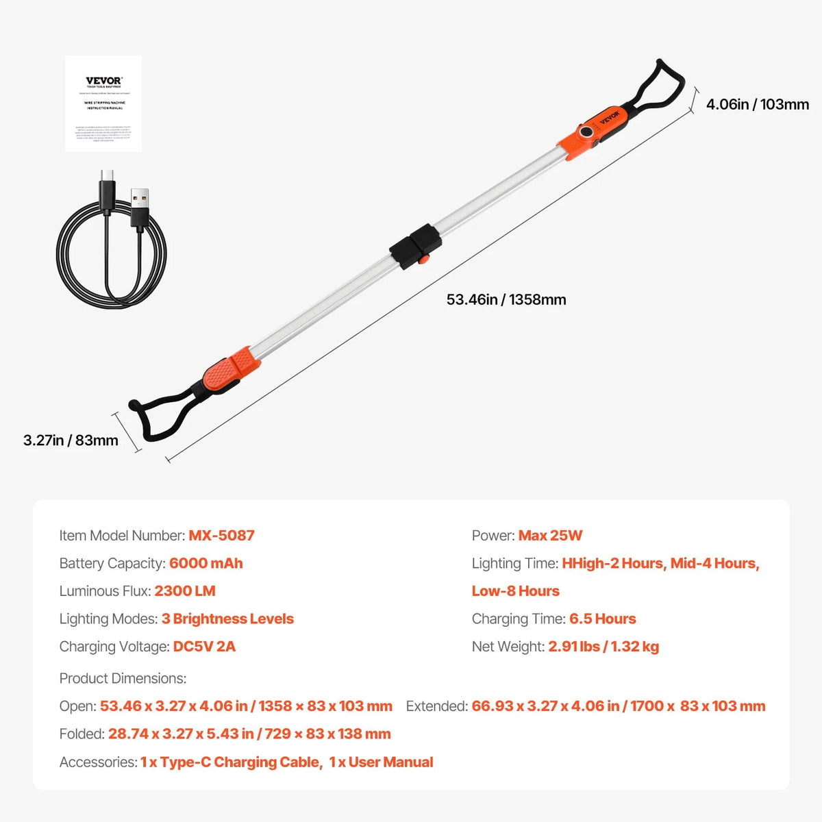 Светодиодная лампа Motortelpas darba, 2300 lm, 6000 mAh, uzlādējama, pārnēsājama, ar āķiem