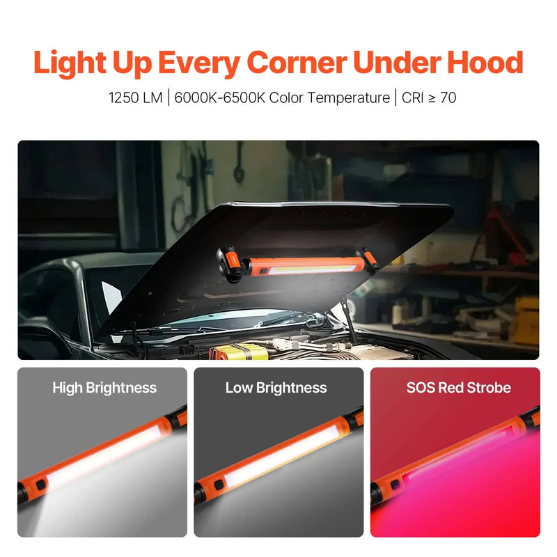 Motora pārsega darba lampa, 1250 lm, 6000 mAh uzlādējama ar magnētu, spilgta LED gaisma, pārnēsājama bezvadu mehāniķa darba lampa auto remontam, pārbaudēm, darbnīcām, garāžām, neatliekamām situācijām un mājas apgaismojumam