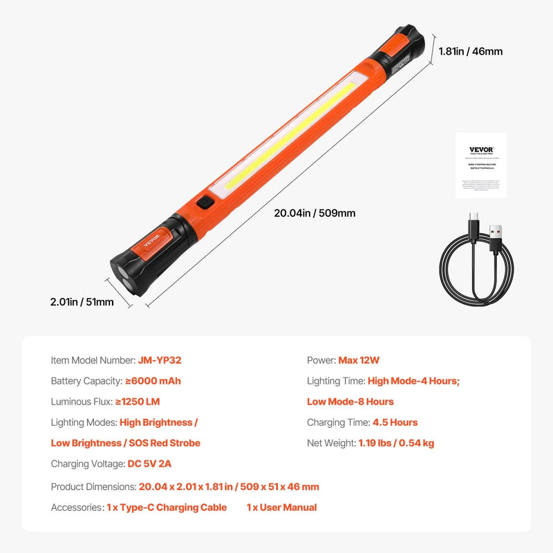 Motora pārsega darba lampa, 1250 lm, 6000 mAh uzlādējama ar magnētu, spilgta LED gaisma, pārnēsājama bezvadu mehāniķa darba lampa auto remontam, pārbaudēm, darbnīcām, garāžām, neatliekamām situācijām un mājas apgaismojumam