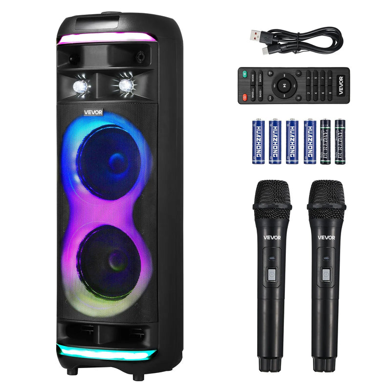 VEVOR karaoke sistēma pieaugušajiem, 80 W, pārnēsājams 8 collu Bluetooth skaļrunis ar 2 bezvadu mikrofonu komplektu, LED apgaismojumu, TWS funkciju un rullīšiem, atbalsta microTF karti, USB un AUX, mājas karaoke ballītēm