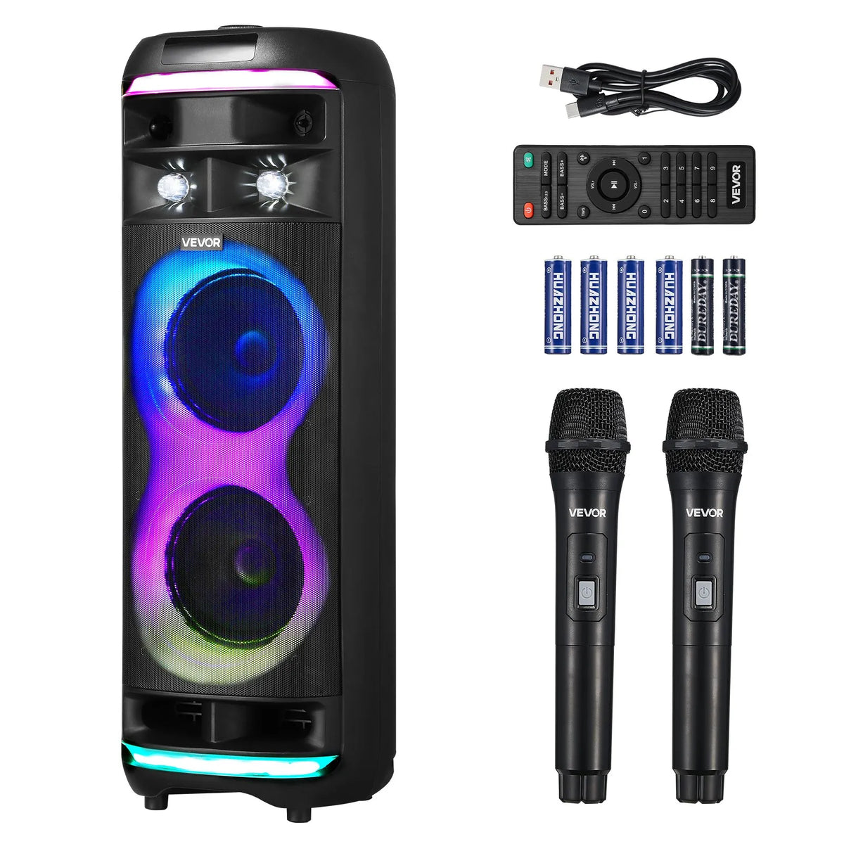 VEVOR 80 W Karaoke System with 8″ Bluetooth Speaker, 2 Wireless Microphones, LED, TWS and Wheels