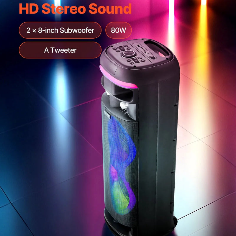 VEVOR karaoke sistēma pieaugušajiem, 80 W, pārnēsājams 8 collu Bluetooth skaļrunis ar 2 bezvadu mikrofonu komplektu, LED apgaismojumu, TWS funkciju un rullīšiem, atbalsta microTF karti, USB un AUX, mājas karaoke ballītēm