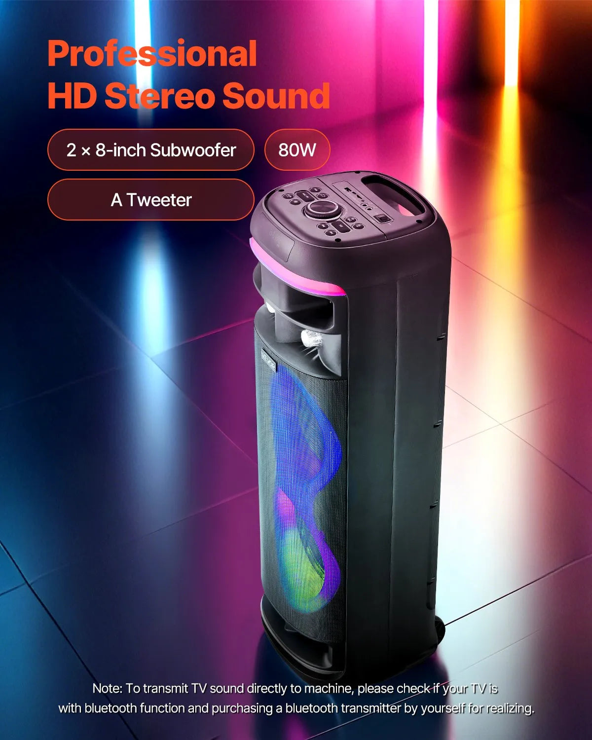 VEVOR 80 W Karaoke System with 8″ Bluetooth Speaker, 2 Wireless Microphones, LED, TWS and Wheels