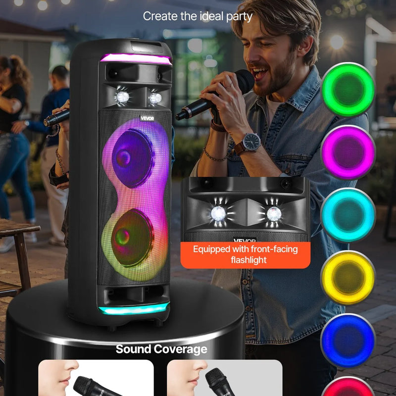 VEVOR karaoke sistēma pieaugušajiem, 80 W, pārnēsājams 8 collu Bluetooth skaļrunis ar 2 bezvadu mikrofonu komplektu, LED apgaismojumu, TWS funkciju un rullīšiem, atbalsta microTF karti, USB un AUX, mājas karaoke ballītēm