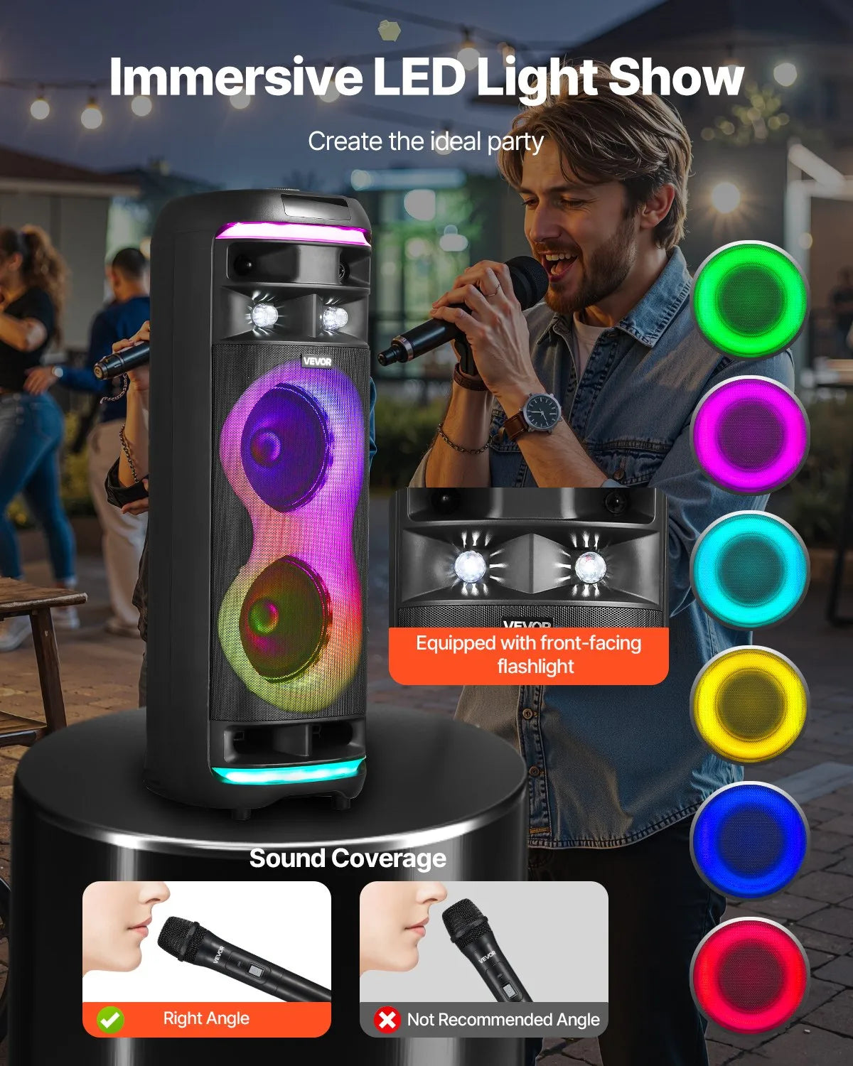 VEVOR 80 W Karaoke System with 8″ Bluetooth Speaker, 2 Wireless Microphones, LED, TWS and Wheels