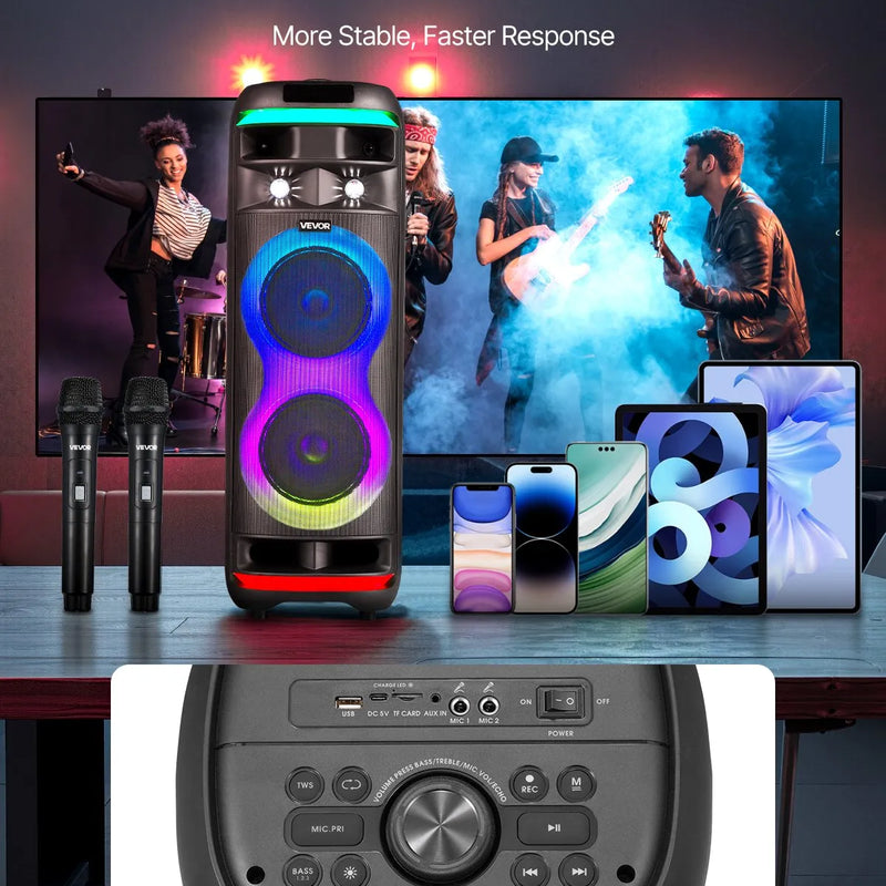 VEVOR karaoke sistēma pieaugušajiem, 80 W, pārnēsājams 8 collu Bluetooth skaļrunis ar 2 bezvadu mikrofonu komplektu, LED apgaismojumu, TWS funkciju un rullīšiem, atbalsta microTF karti, USB un AUX, mājas karaoke ballītēm