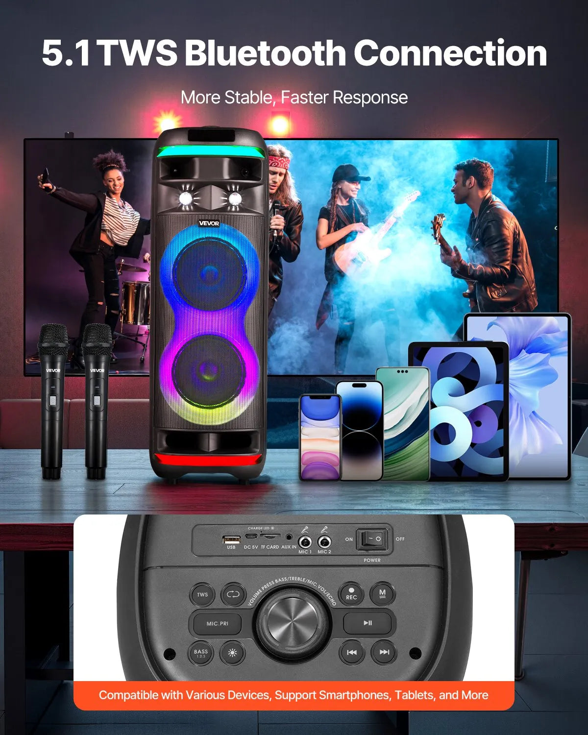 VEVOR 80 W Karaoke System with 8″ Bluetooth Speaker, 2 Wireless Microphones, LED, TWS and Wheels