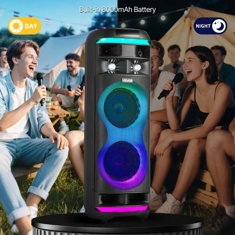 VEVOR karaoke sistēma pieaugušajiem, 80 W, pārnēsājams 8 collu Bluetooth skaļrunis ar 2 bezvadu mikrofonu komplektu, LED apgaismojumu, TWS funkciju un rullīšiem, atbalsta microTF karti, USB un AUX, mājas karaoke ballītēm