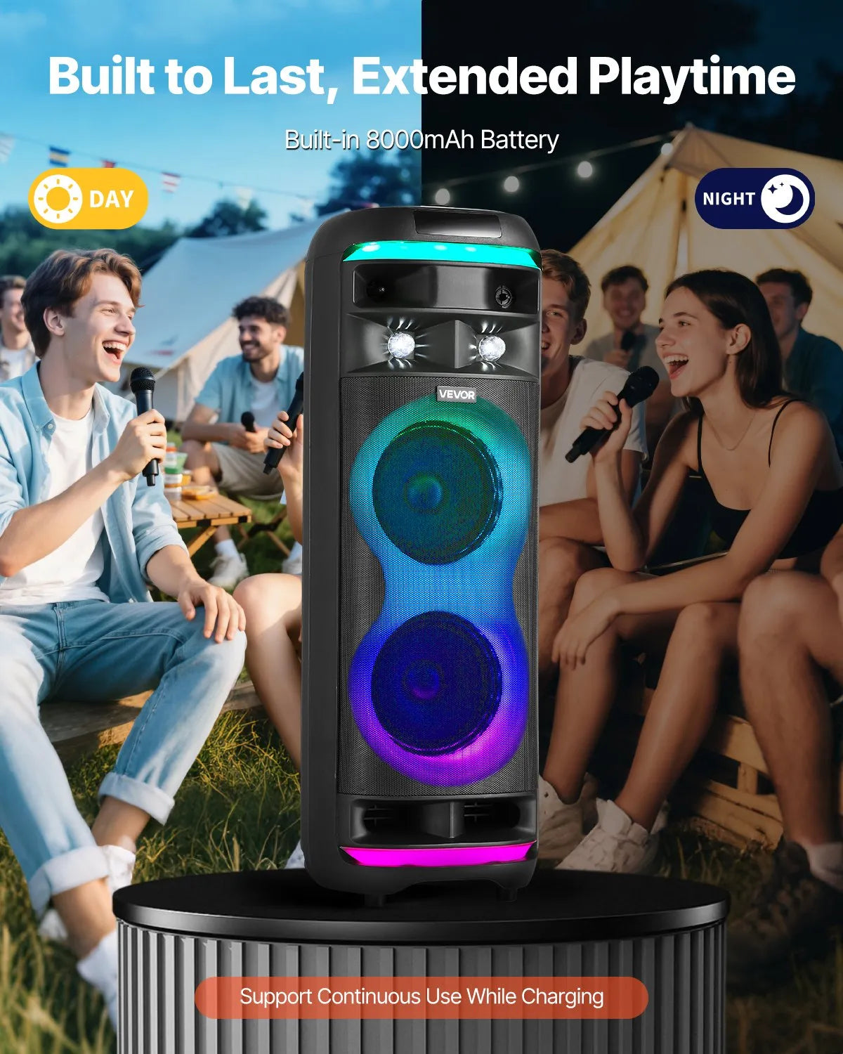 VEVOR 80 W Karaoke System with 8″ Bluetooth Speaker, 2 Wireless Microphones, LED, TWS and Wheels