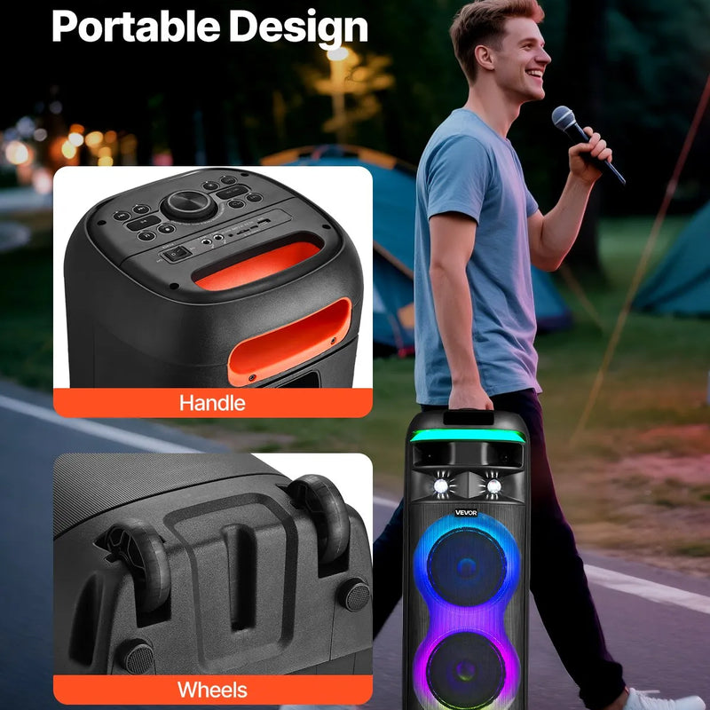 VEVOR karaoke sistēma pieaugušajiem, 80 W, pārnēsājams 8 collu Bluetooth skaļrunis ar 2 bezvadu mikrofonu komplektu, LED apgaismojumu, TWS funkciju un rullīšiem, atbalsta microTF karti, USB un AUX, mājas karaoke ballītēm