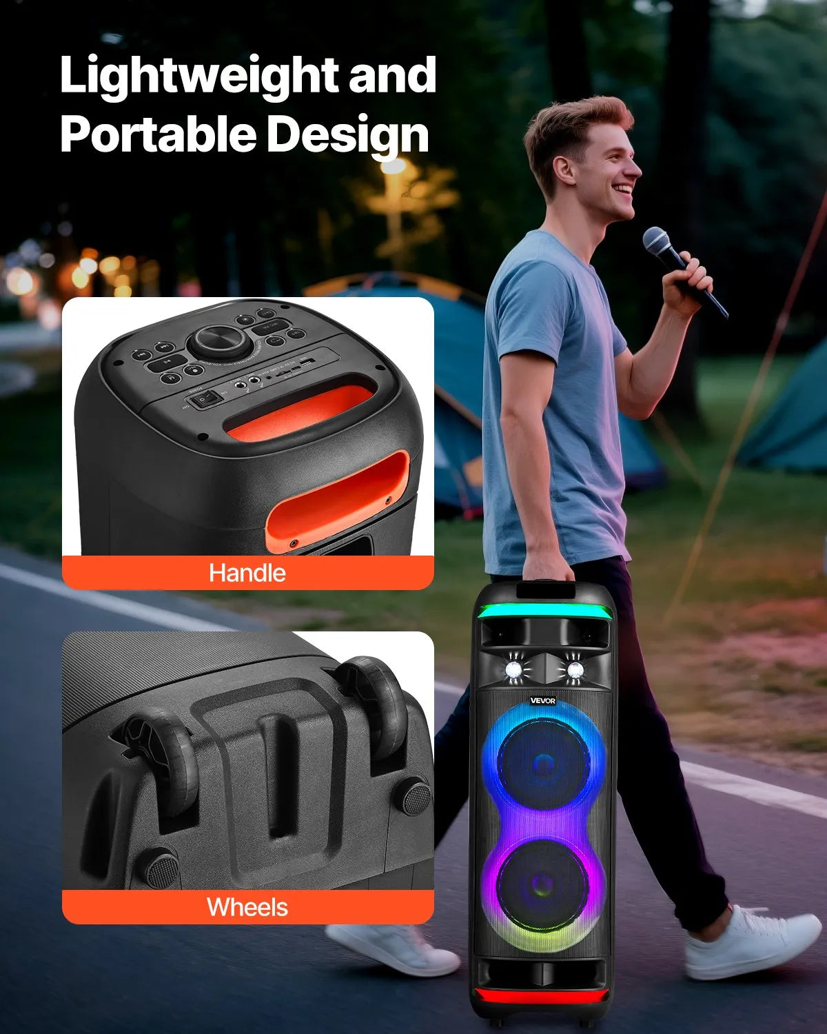 VEVOR 80 W Karaoke System with 8″ Bluetooth Speaker, 2 Wireless Microphones, LED, TWS and Wheels