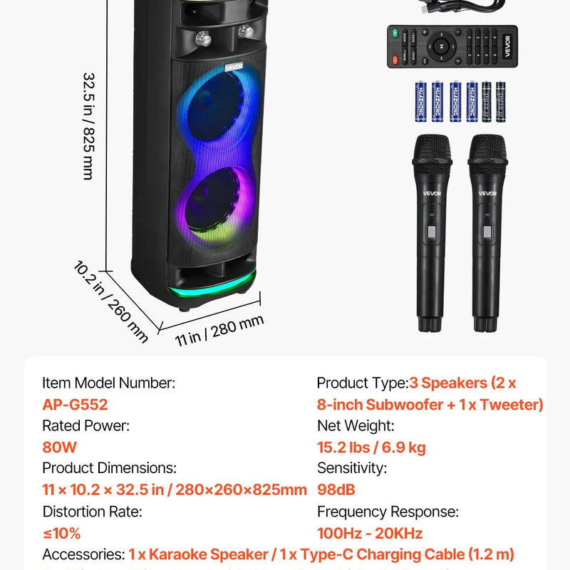 VEVOR karaoke sistēma pieaugušajiem, 80 W, pārnēsājams 8 collu Bluetooth skaļrunis ar 2 bezvadu mikrofonu komplektu, LED apgaismojumu, TWS funkciju un rullīšiem, atbalsta microTF karti, USB un AUX, mājas karaoke ballītēm