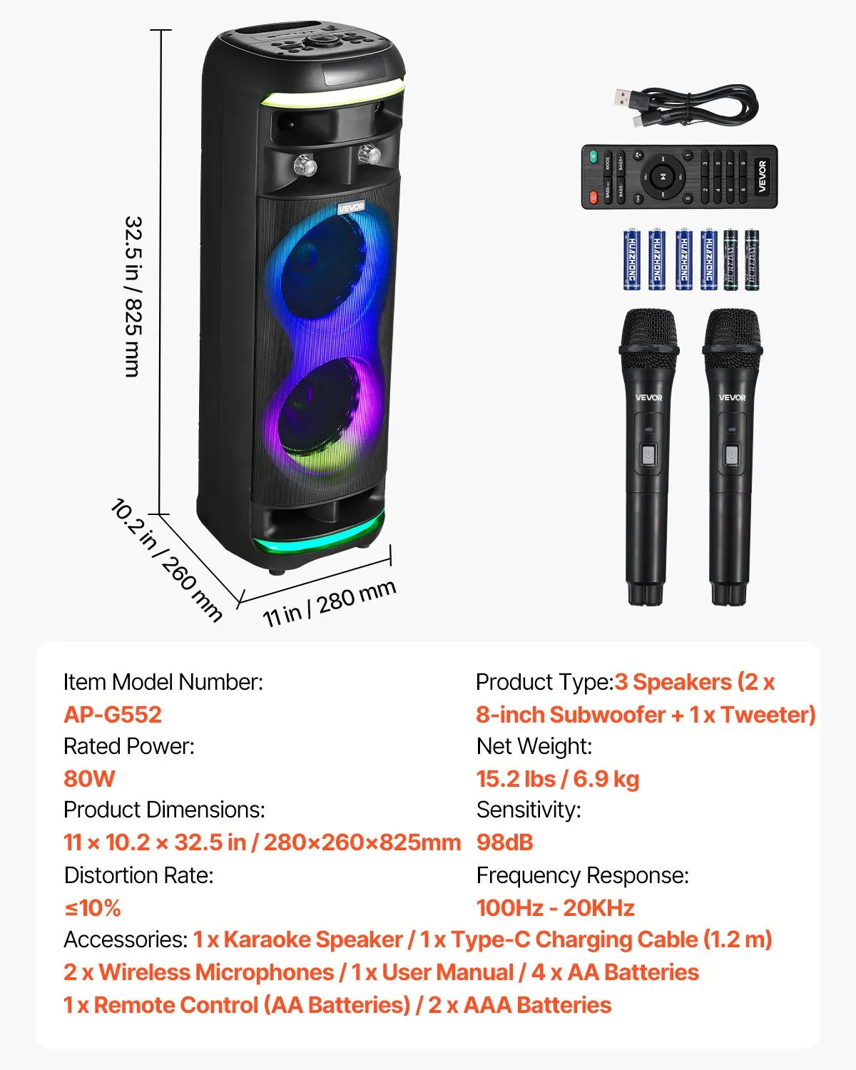 VEVOR 80 W Karaoke System with 8″ Bluetooth Speaker, 2 Wireless Microphones, LED, TWS and Wheels