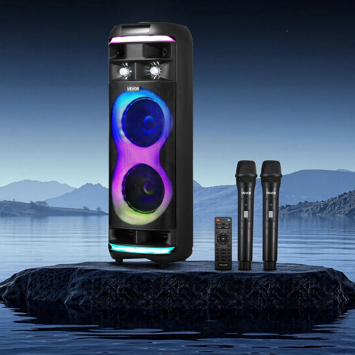 VEVOR 80 W Karaoke System with 8″ Bluetooth Speaker, 2 Wireless Microphones, LED, TWS and Wheels