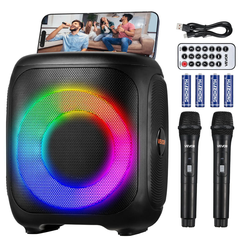 VEVOR karaoke sistēma pieaugušajiem, 15 W, 4'' pārnēsājamais Bluetooth skaļrunis ar 2 bezvadu mikrofoniem, LED apgaismojumu, TWS funkciju un rokturi; atbalsta micro TF karti, USB un AUX, piemērots mājas karaoke ballītēm