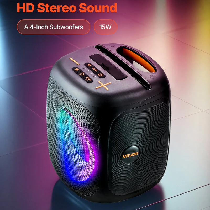 VEVOR karaoke sistēma pieaugušajiem, 15 W, 4'' pārnēsājamais Bluetooth skaļrunis ar 2 bezvadu mikrofoniem, LED apgaismojumu, TWS funkciju un rokturi; atbalsta micro TF karti, USB un AUX, piemērots mājas karaoke ballītēm