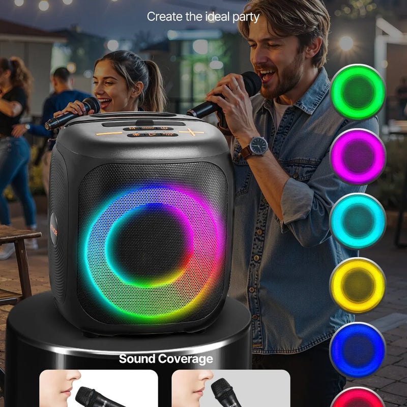 VEVOR karaoke sistēma pieaugušajiem, 15 W, 4'' pārnēsājamais Bluetooth skaļrunis ar 2 bezvadu mikrofoniem, LED apgaismojumu, TWS funkciju un rokturi; atbalsta micro TF karti, USB un AUX, piemērots mājas karaoke ballītēm