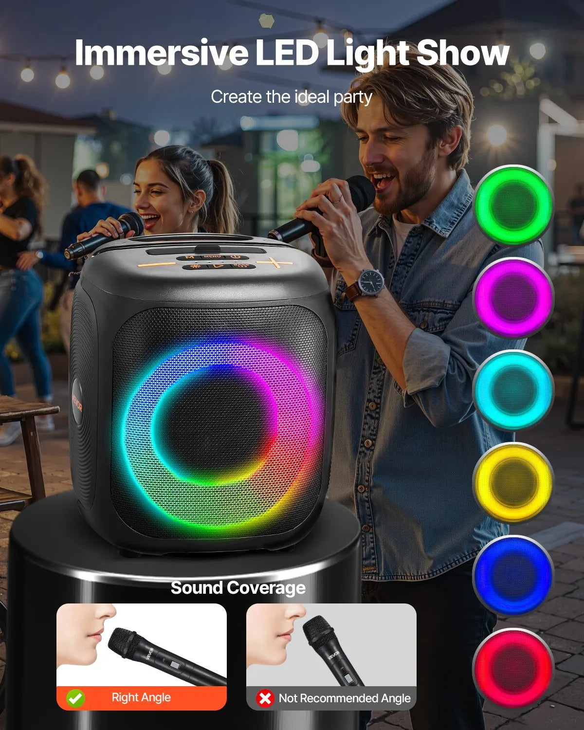 VEVOR Karaoke System 15 W with 4″ Bluetooth Speaker, 2 Wireless Microphones, LED and TWS, Portable
