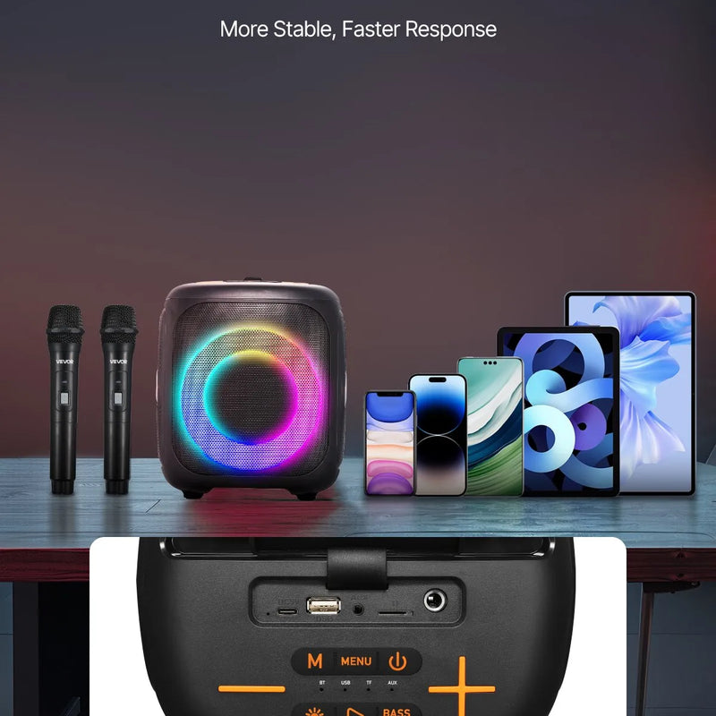 VEVOR karaoke sistēma pieaugušajiem, 15 W, 4'' pārnēsājamais Bluetooth skaļrunis ar 2 bezvadu mikrofoniem, LED apgaismojumu, TWS funkciju un rokturi; atbalsta micro TF karti, USB un AUX, piemērots mājas karaoke ballītēm