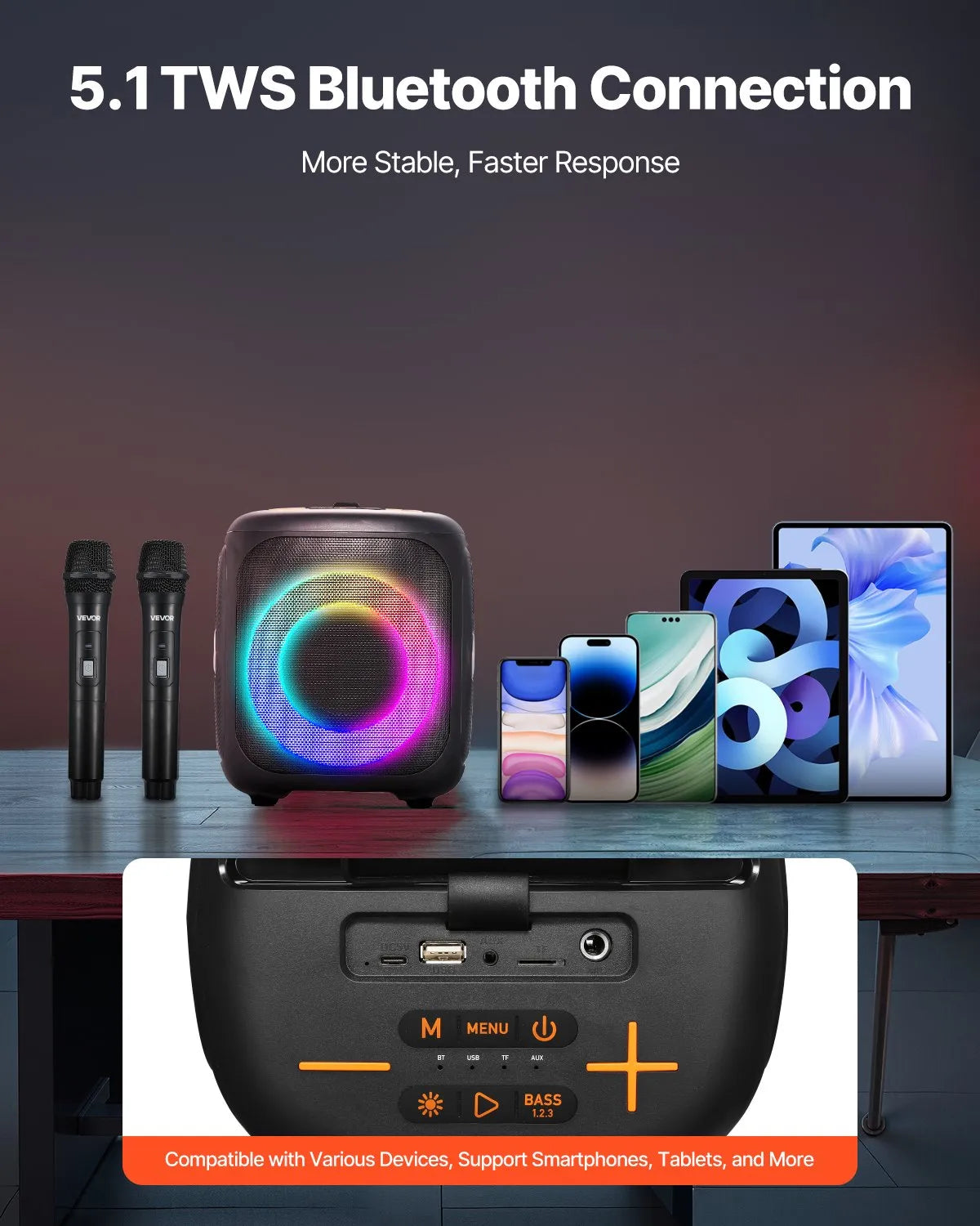 VEVOR Karaoke System 15 W with 4″ Bluetooth Speaker, 2 Wireless Microphones, LED and TWS, Portable